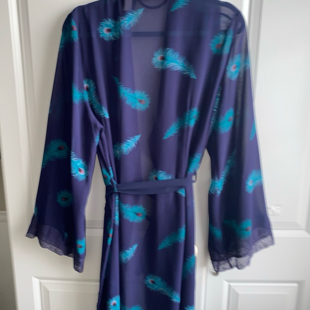 Valerie Stevens Sheer Dressing Robe‎ Women’s Large Feather Print Multi Colored